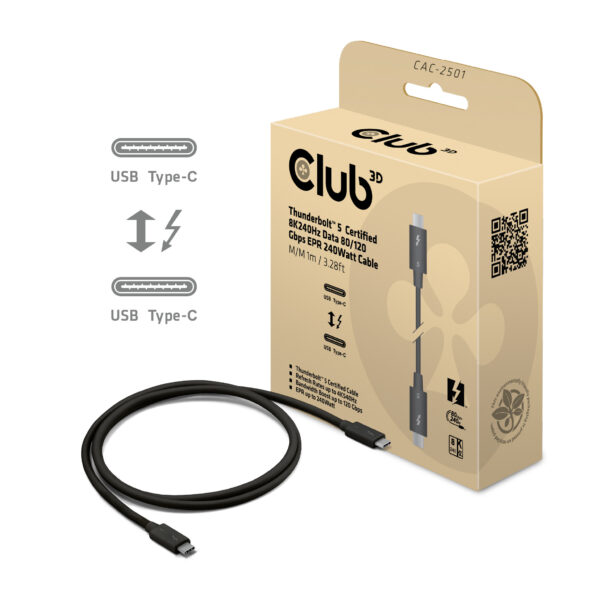 CLUB3D Thunderbolt™ 5 Gecertificeerd 8K240Hz 80/120 Gbps EPR 240 Watt Kabel M/M 1m