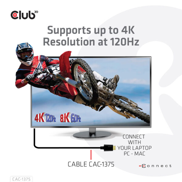 CLUB3D Ultra High Speed HDMI™2.1 gecertificeerde kabel 4K120Hz, 144Hz 48Gbps M/V 5 Meter - Afbeelding 2