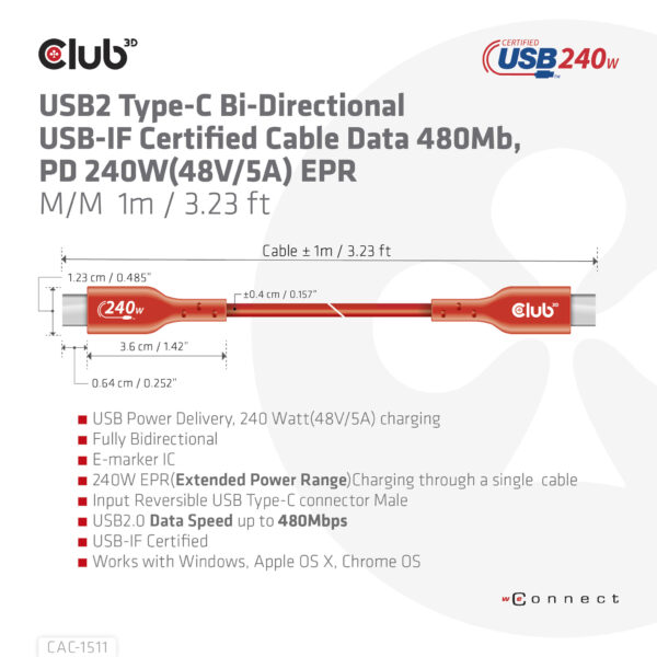 CLUB3D USB2 Type-C Bi-Directional USB-IF Certified Cable Data 480Mb, PD 240W(48V/5A) EPR M/M 4m / 13.13ft - Afbeelding 7