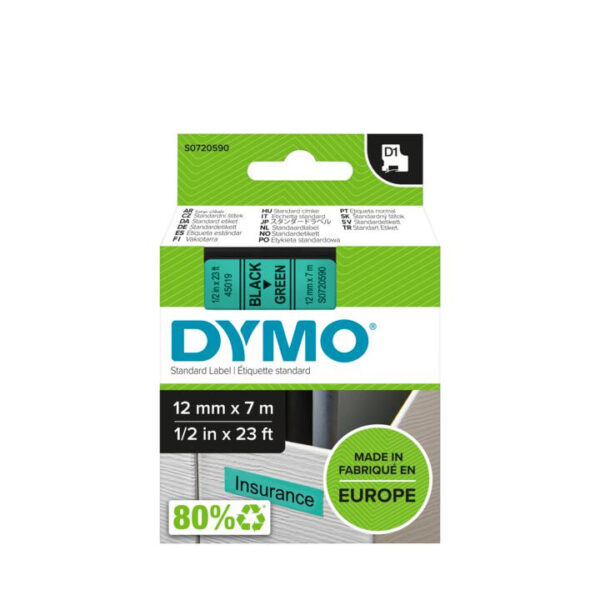 DYMO D1 -Standard Labels - Black on Green - 12mm x 7m - Afbeelding 2