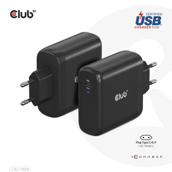 CLUB3D Travel Charger 100 Watt GAN technology, USB-IF TID certified, Single port USB Type-C, Power Delivery(PD) 3.0 Support - Afbeelding 2