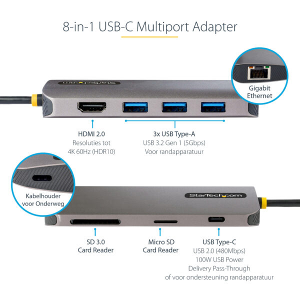 StarTech.com USB C Multiport Adapter, 4K 60Hz HDMI Video, 3 Port 5Gbps USB-A Hub, 100W USB Power Delivery Pass-Through, GbE, SD/ - Afbeelding 13