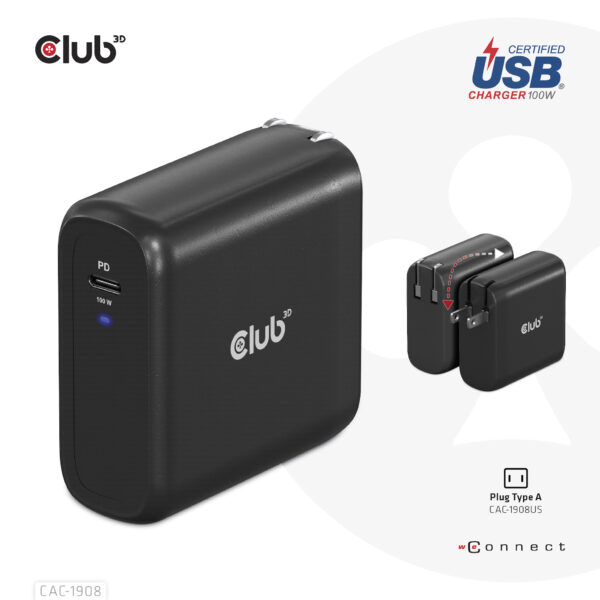 CLUB3D Travel Charger 100 Watt GAN technology, USB-IF TID certified, Single port USB Type-C, Power Delivery(PD) 3.0 Support - Afbeelding 10