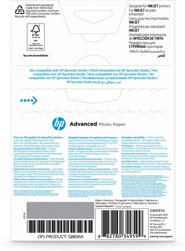 HP Advanced Photo-papier, glanzend, 250 g/m2, 10 x 15 cm (101 x 152 mm), 25 vellen - Afbeelding 3