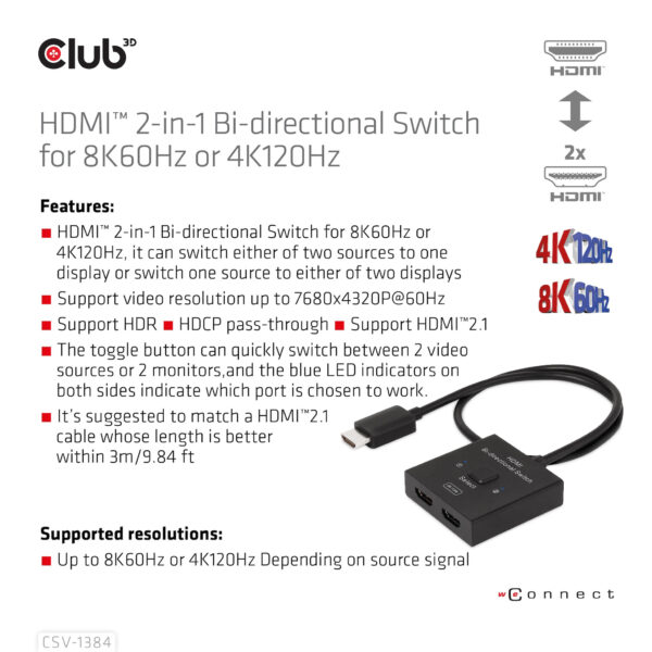 CLUB3D HDMI 2-in-1 Bi-directional Switch for 8K60Hz or 4K120Hz - Afbeelding 10