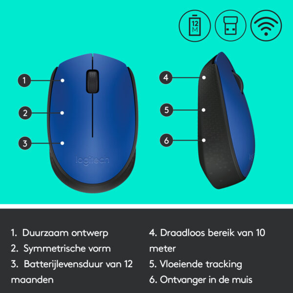 Logitech M171 Blue-K muis Kantoor Ambidextrous RF Draadloos Optisch 1000 DPI - Afbeelding 6