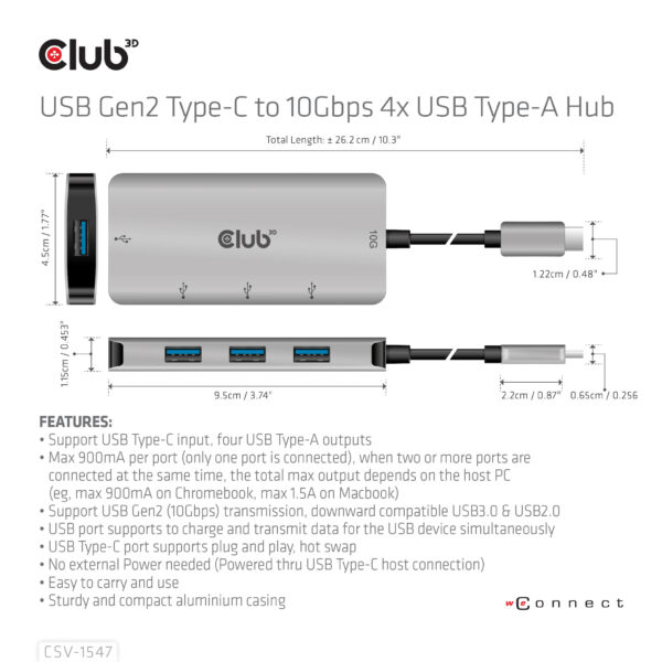 CLUB3D USB Gen2 Type-C to 10Gbps 4x USB Type-A Hub - Afbeelding 8