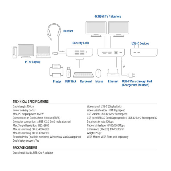 ACT USB-C Docking Station 4K, voor 2 HDMI monitoren, DisplayLink, compact model - Afbeelding 13