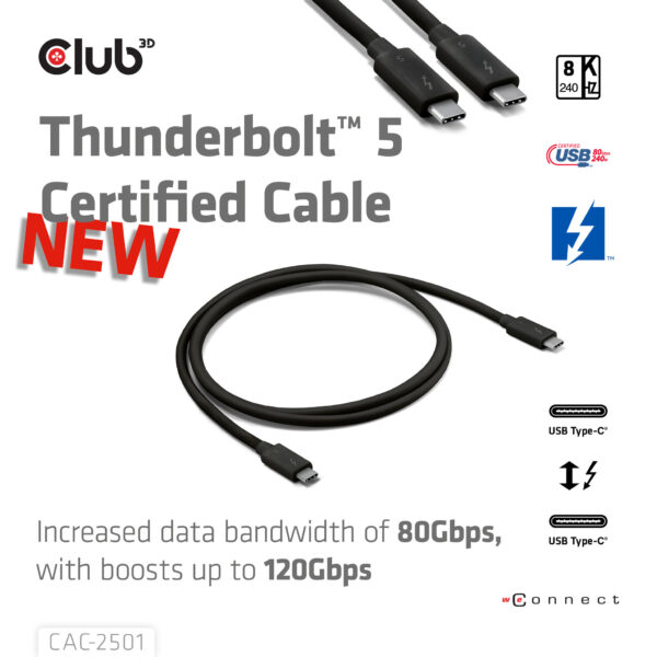 CLUB3D Thunderbolt™ 5 Gecertificeerd 8K240Hz 80/120 Gbps EPR 240 Watt Kabel M/M 1m - Afbeelding 2