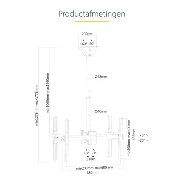 StarTech.com Dual TV Plafondbeugel, Rug-aan-Rug Heavy-Duty Ophangbeugel, VESA Beugel voor Dual 32"-75" TVs / Displays, Kantelen/ - Afbeelding 16