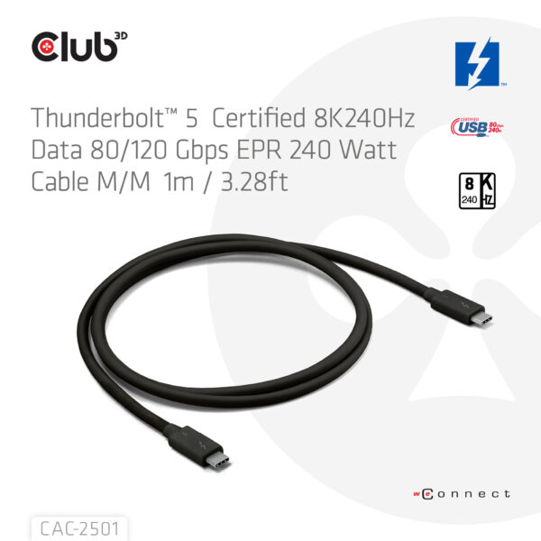 CLUB3D Thunderbolt™ 5 Gecertificeerd 8K240Hz 80/120 Gbps EPR 240 Watt Kabel M/M 1m - Afbeelding 3