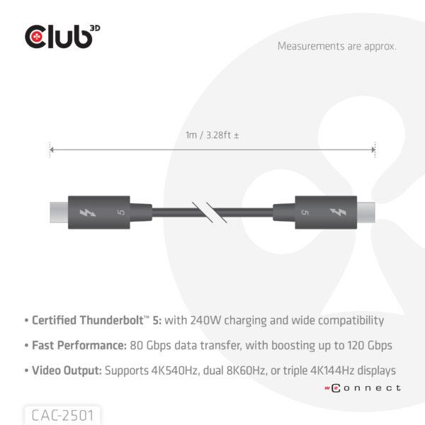 CLUB3D Thunderbolt™ 5 Gecertificeerd 8K240Hz 80/120 Gbps EPR 240 Watt Kabel M/M 1m - Afbeelding 4