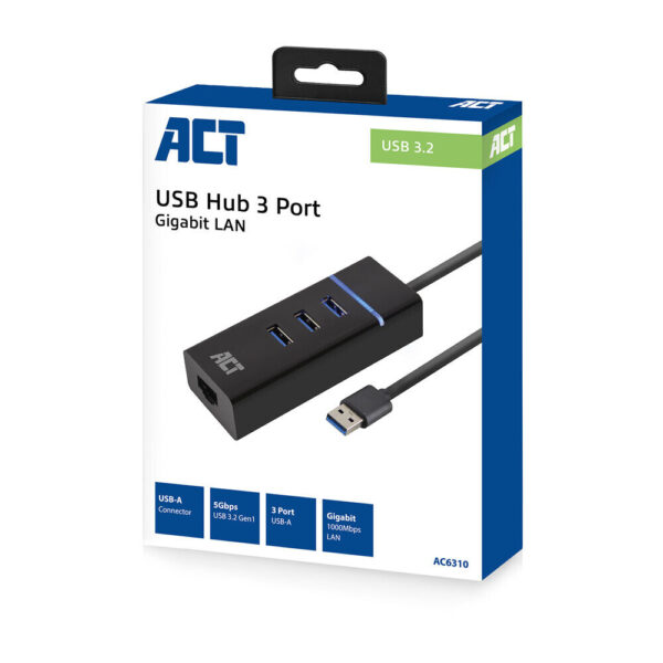 ACT USB hub 3.0, 3 poorts USB-A, Gigabit ethernet - Afbeelding 2