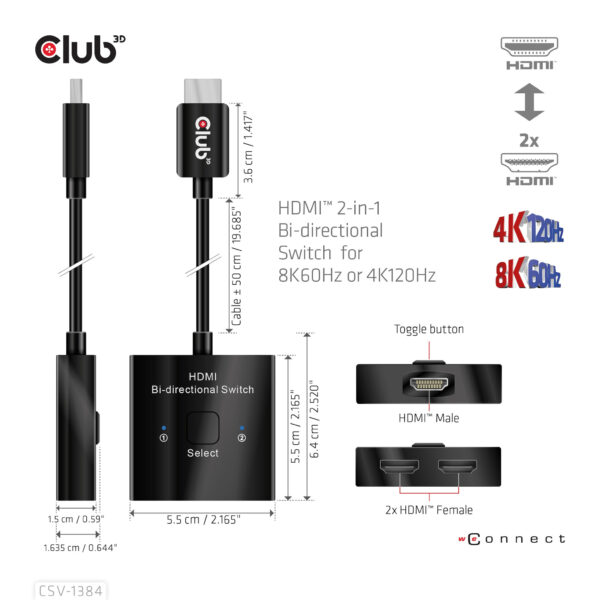 CLUB3D HDMI 2-in-1 Bi-directional Switch for 8K60Hz or 4K120Hz - Afbeelding 7