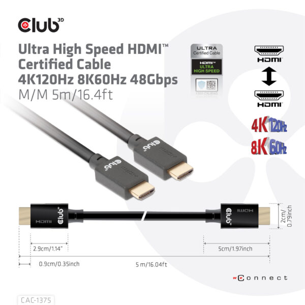 CLUB3D Ultra High Speed HDMI™2.1 gecertificeerde kabel 4K120Hz, 144Hz 48Gbps M/V 5 Meter - Afbeelding 6