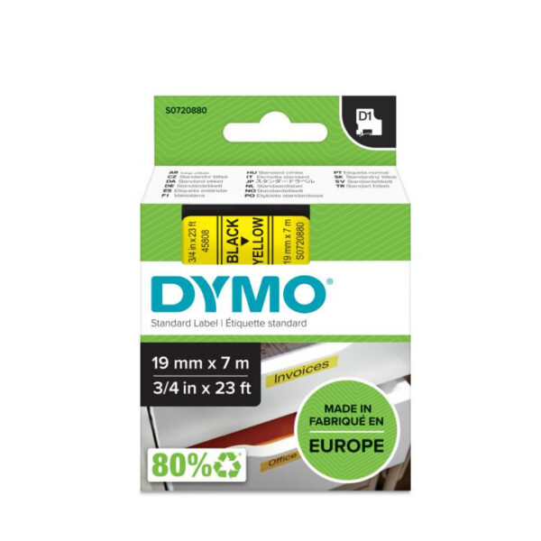 DYMO D1 -Standard Labels - Black on Yellow - 19mm x 7m - Afbeelding 2