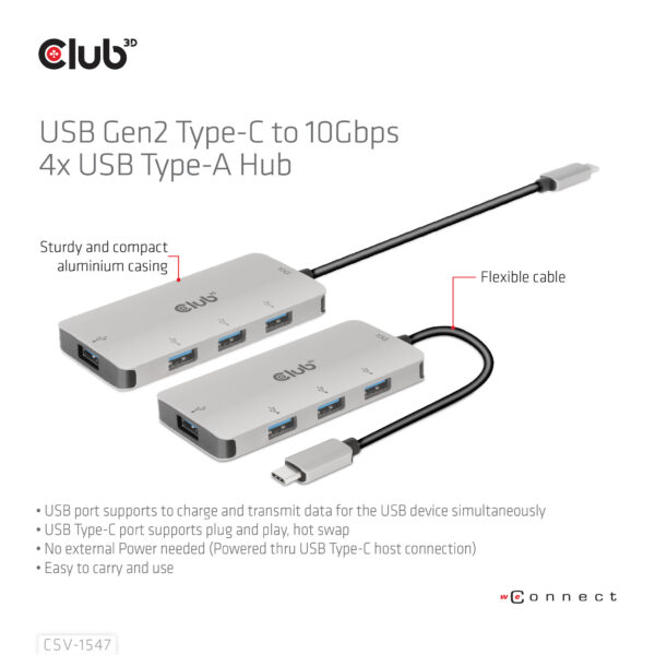 CLUB3D USB Gen2 Type-C to 10Gbps 4x USB Type-A Hub - Afbeelding 10