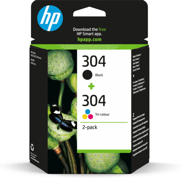 HP 304 originele zwarte/drie-kleuren inktcartridges, 2-pack