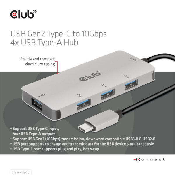 CLUB3D USB Gen2 Type-C to 10Gbps 4x USB Type-A Hub - Afbeelding 6