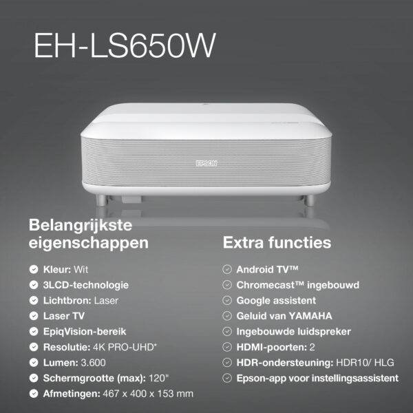 Epson EH-LS650W 4K PRO-UHD smart laserprojector, 3600 lumen, scherm van maximaal 120 inch - Afbeelding 28