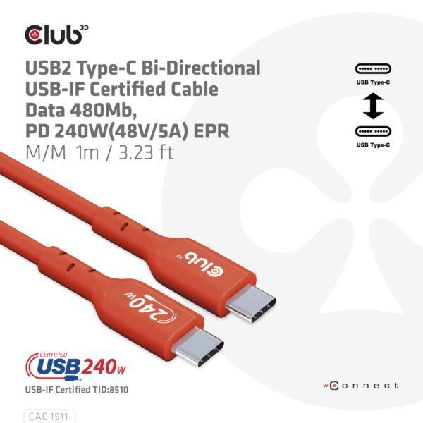 CLUB3D USB2 Type-C Bi-Directional USB-IF Certified Cable Data 480Mb, PD 240W(48V/5A) EPR M/M 4m / 13.13ft - Afbeelding 6