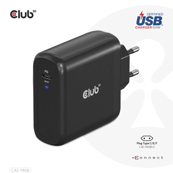 CLUB3D Travel Charger 100 Watt GAN technology, USB-IF TID certified, Single port USB Type-C, Power Delivery(PD) 3.0 Support - Afbeelding 9