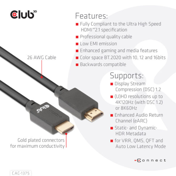 CLUB3D Ultra High Speed HDMI™2.1 gecertificeerde kabel 4K120Hz, 144Hz 48Gbps M/V 5 Meter - Afbeelding 8