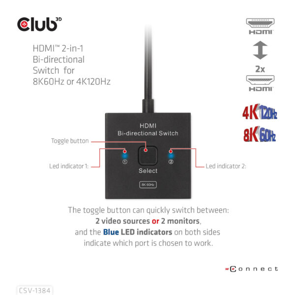 CLUB3D HDMI 2-in-1 Bi-directional Switch for 8K60Hz or 4K120Hz - Afbeelding 9