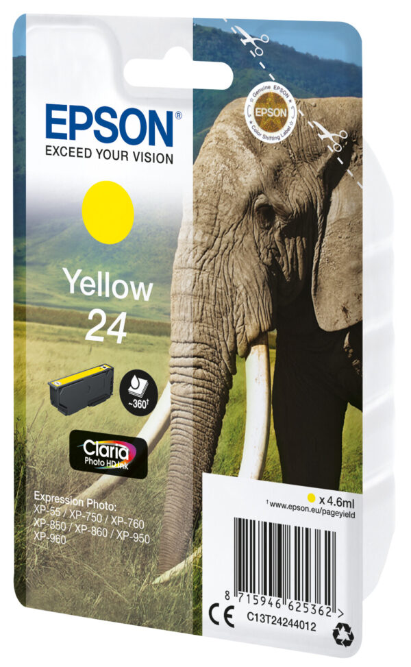 Epson Elephant Singlepack Yellow 24 Claria Photo HD Ink - Afbeelding 2