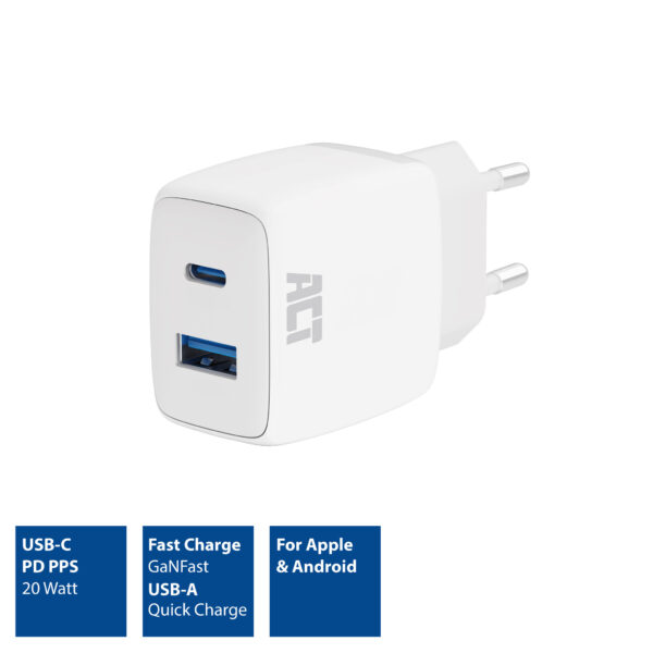 ACT USB-C & USB-A lader 20W met Power Delivery PPS, Quick Charge, GaNFast - Afbeelding 4