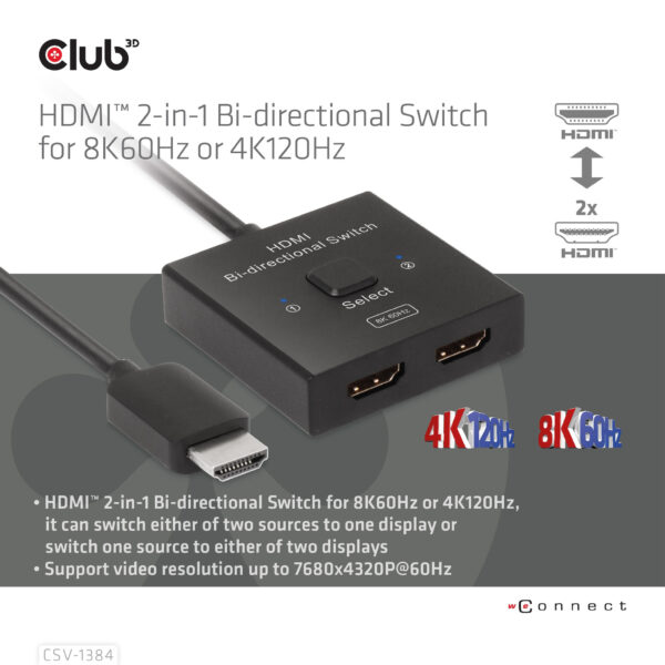 CLUB3D HDMI 2-in-1 Bi-directional Switch for 8K60Hz or 4K120Hz - Afbeelding 6