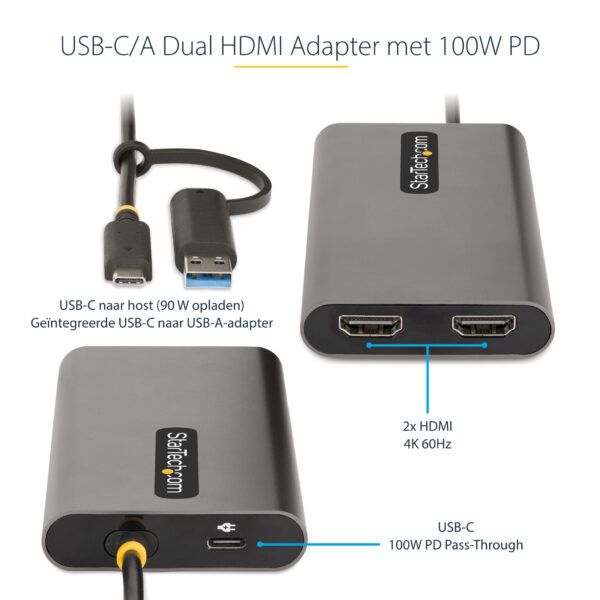 StarTech.com USB-C naar Dual-HDMI Adapter, USB-C of A naar 2x HDMI, 4K 60Hz, 100W Power Delivery Pass-Through, 30cm Ingebouwde K - Afbeelding 9