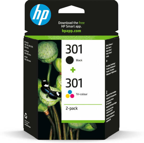 HP 301 originele zwarte/drie-kleuren inktcartridges, 2-pack