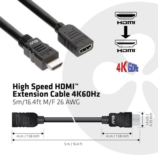 CLUB3D High Speed HDMI™ Extension Cable 4K60Hz M/F 5m/16.4ft 26 AWG - Afbeelding 3