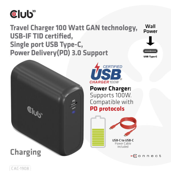 CLUB3D Travel Charger 100 Watt GAN technology, USB-IF TID certified, Single port USB Type-C, Power Delivery(PD) 3.0 Support - Afbeelding 4