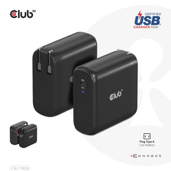 CLUB3D Travel Charger 100 Watt GAN technology, USB-IF TID certified, Single port USB Type-C, Power Delivery(PD) 3.0 Support - Afbeelding 3