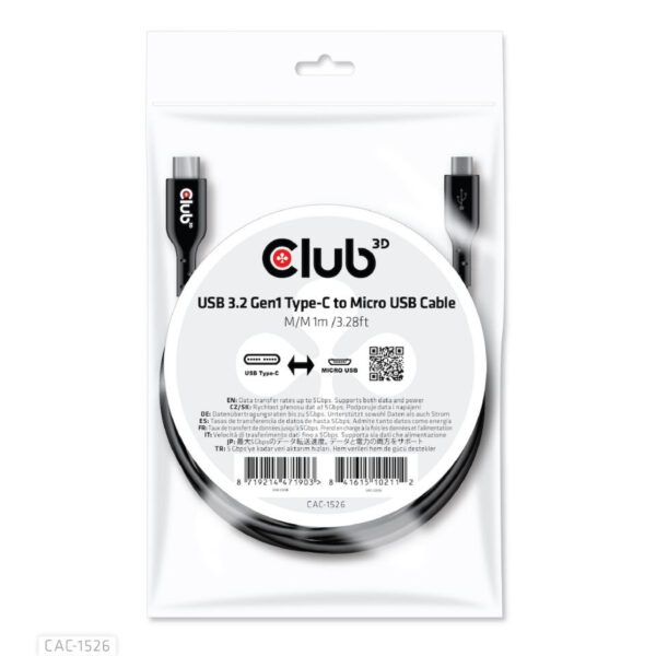 CLUB3D USB 3.2 Gen1 Type-C to Micro USB Cable M/M 1m /3.28ft - Afbeelding 2