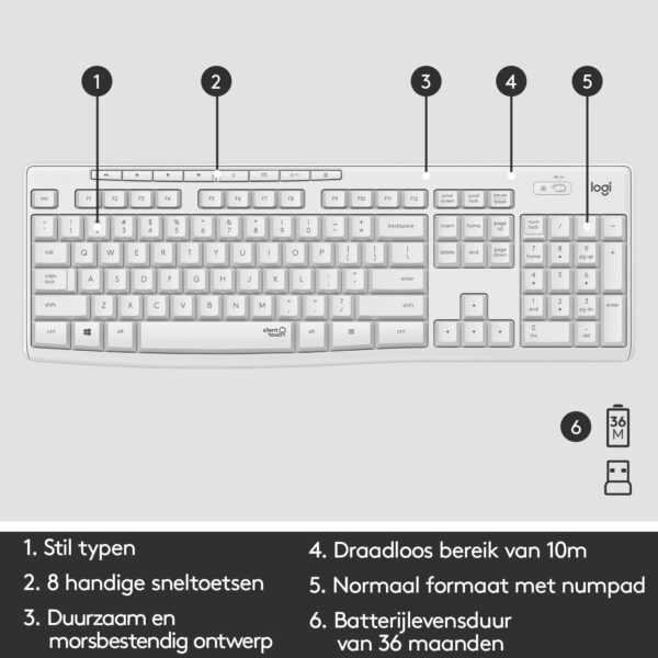 Logitech MK295 Silent Wireless Combo toetsenbord Inclusief muis Kantoor RF Draadloos AZERTY Frans Wit - Afbeelding 6