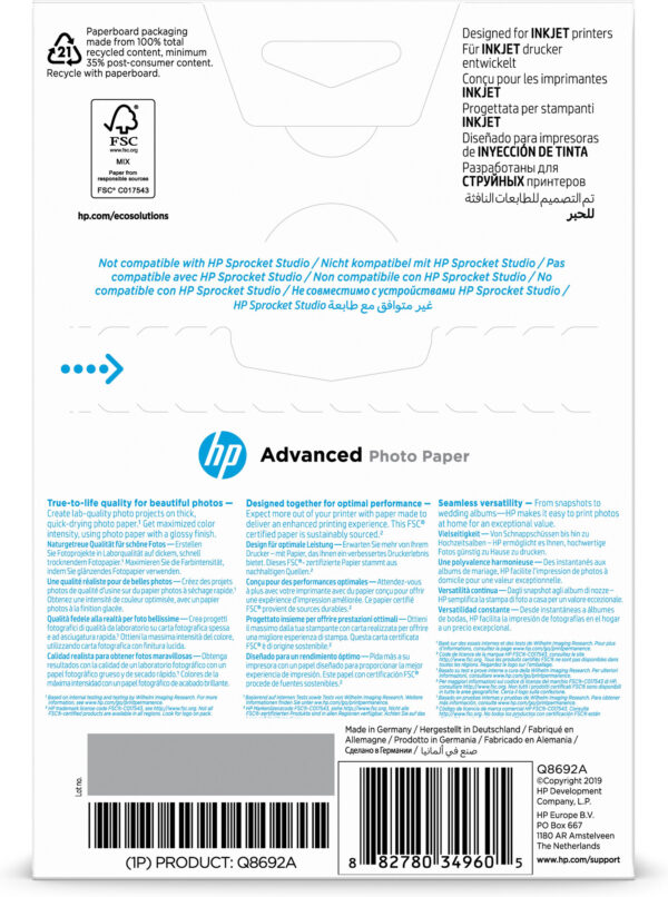 HP Advanced Photo-papier, glanzend, 250 g/m2, 10 x 15 cm (101 x 152 mm), 100 vellen - Afbeelding 2