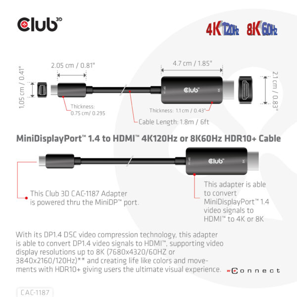 CLUB3D MiniDisplayPort kabel 1.4 naar HDMI met 4K120Hz/8K60Hz HDR10+ M/M 1.8m - Afbeelding 3