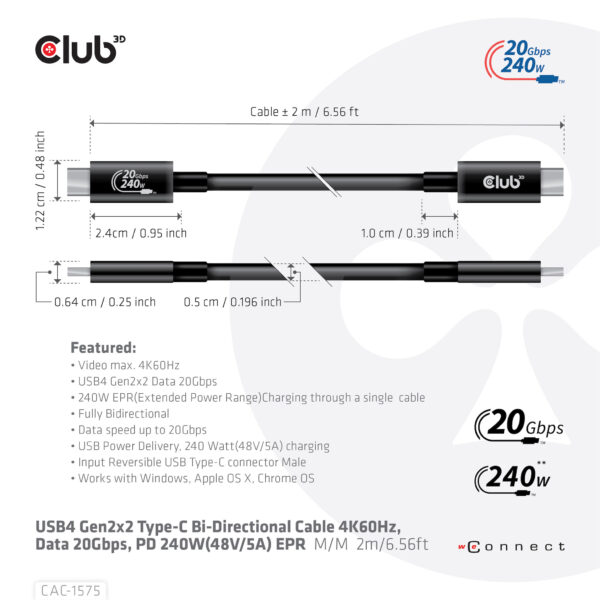 CLUB3D USB4 Gen2x2 Type-C Bi-Directional Cable 4K60Hz, Data 20Gbps, PD 240W(48V/5A) EPR M/M 2m USB IF GECERTIFCIEERD - Afbeelding 7