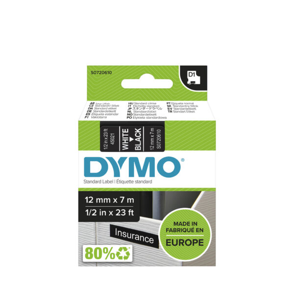 DYMO D1 -Standard Labels - White on Black - 12mm x 7m - Afbeelding 2