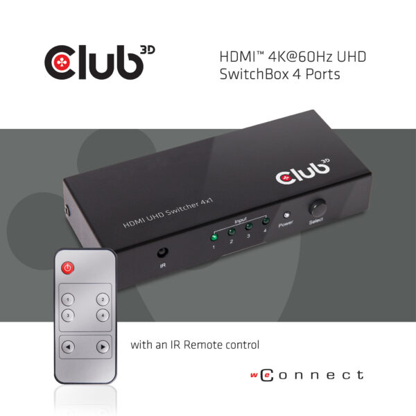 CLUB3D HDMI™ 2.0 UHD 4K60Hz SwitchBox 4 poorten en inbegrepen IR-afstandsbediening - Afbeelding 6