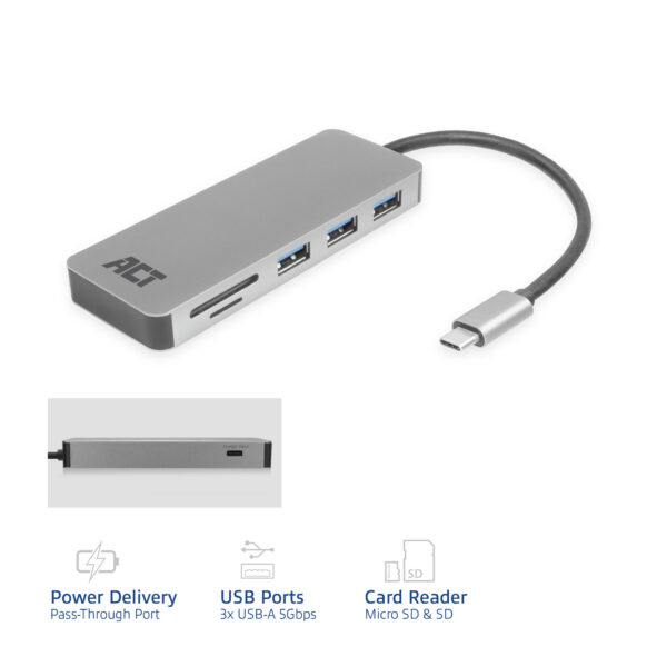 ACT USB-C hub 3.0, 3x USB-A, cardreader, PD pass-through - Afbeelding 2