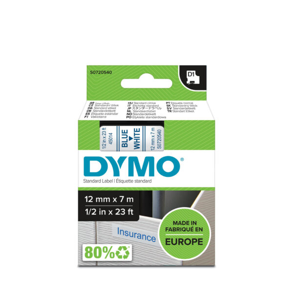 DYMO D1 -Standard Labels - Blue on White - 12mm x 7m - Afbeelding 2