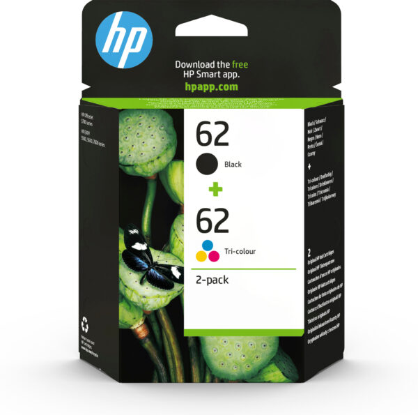 HP 62 originele zwarte/drie-kleuren inktcartridges, 2-pack