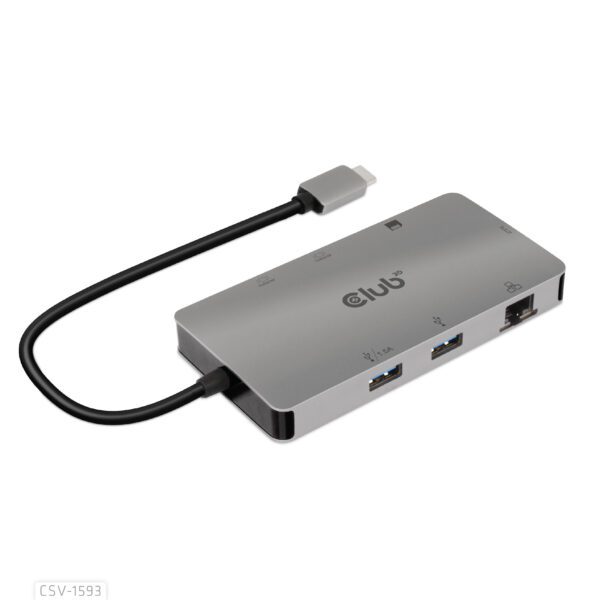 CLUB3D Type-C HUB 8-in-1 met 2x HDMI ( alt modus), 2x USB-A, RJ45, SD/Micro slot en USB Type-C oplaad mogelijkheid max. 100Watt(