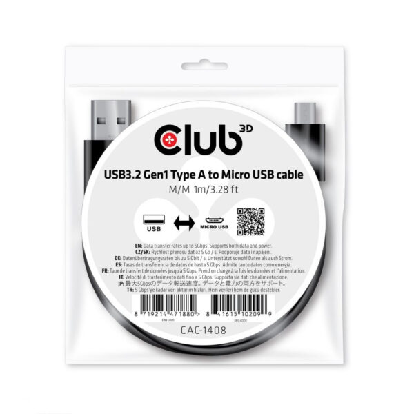 CLUB3D USB 3.2 Gen1 Type-A to Micro USB Cable M/M 1m /3.28ft - Afbeelding 2