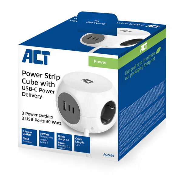 ACT AC2420 power uitbreiding 1,5 m 3 AC-uitgang(en) Binnen Wit - Afbeelding 2