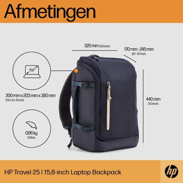 HP Travel 15,6 blauwe laptopbackpack, 25 liter - Afbeelding 8